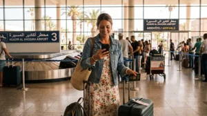 Tourist using an eSIM at Agadir Al Massira Airport
