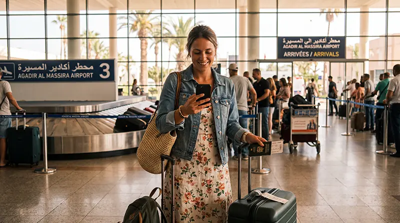 Tourist using an eSIM at Agadir Al Massira Airport