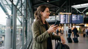 Traveller using a Netherlands travel eSIM after arriving at Amsterdam Schiphol Airport