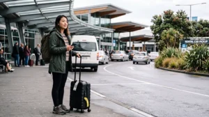 Traveller activating an eSIM before leaving Auckland Airport in New Zealand