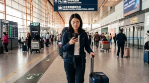 Traveler activating an eSIM after arriving at Beijing Airport