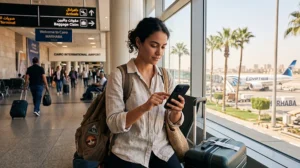 Tourist using an eSIM after arriving at Cairo International Airport
