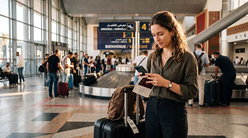 Tourist using an eSIM at Casablanca Mohammed V International Airport