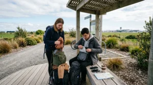 Travellers preparing an eSIM connection before leaving Christchurch Airport