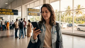 Traveler activating a Sri Lanka eSIM after arriving at Colombo Airport