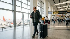 Traveler using an eSIM after arriving at Delhi Airport