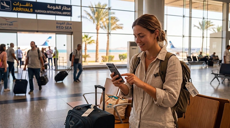 Tourist using an eSIM after arriving at Hurghada International Airport