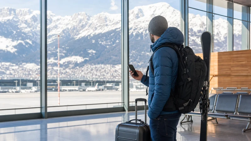 Traveller using a smartphone inside Innsbruck Airport with alpine scenery beyond the terminal windows
