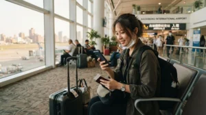 Traveller activating a Taiwan eSIM after arriving at Kaohsiung International Airport