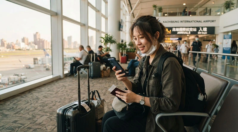 Traveller activating a Taiwan eSIM after arriving at Kaohsiung International Airport