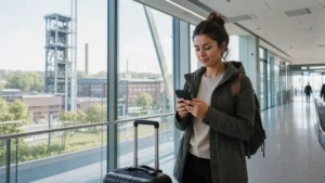 Traveller activating a Poland eSIM at Katowice Airport.