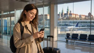 Traveller activating a Poland eSIM after arriving at Kraków Airport.