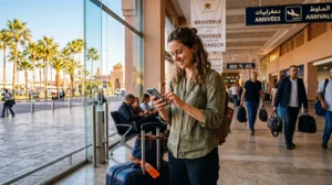 Tourist using an eSIM at Marrakech Menara Airport