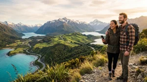 New Zealand eSIM for North and South Island travel with tourists exploring mountains, coastline and mobile connectivity