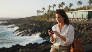 Traveller troubleshooting an eSIM connection on a smartphone in the Canary Islands
