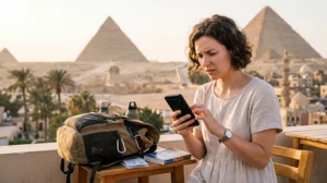 Tourist troubleshooting an Egypt eSIM connection while traveling