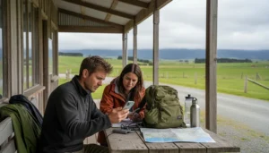 Travellers troubleshooting a New Zealand eSIM connection during a rural journey