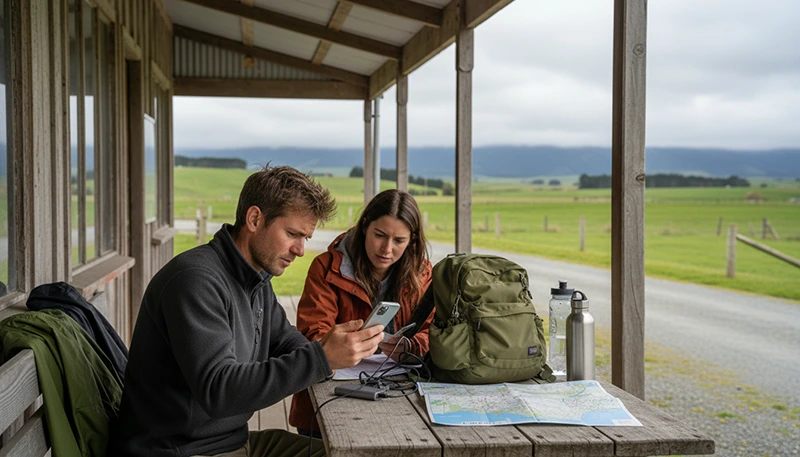 Travellers troubleshooting a New Zealand eSIM connection during a rural journey