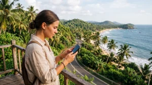 Traveler troubleshooting a Sri Lanka eSIM connection on a smartphone