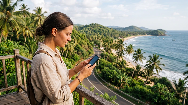Traveler troubleshooting a Sri Lanka eSIM connection on a smartphone