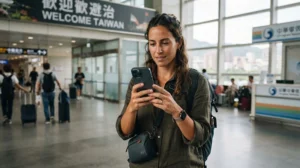 Traveller troubleshooting a Taiwan eSIM connection on a smartphone