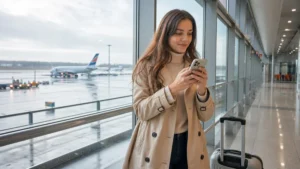 Traveller activating an eSIM after arriving at Prague Airport.