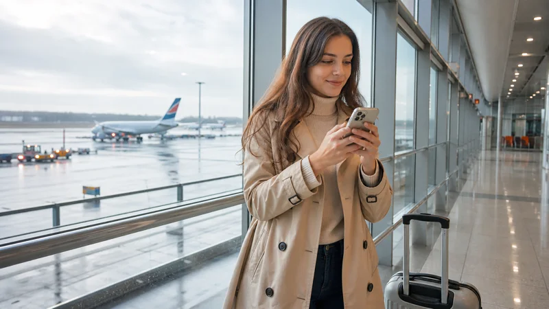 Traveller activating an eSIM after arriving at Prague Airport.