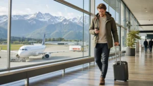 Traveller activating an Austria eSIM after landing at Salzburg Airport