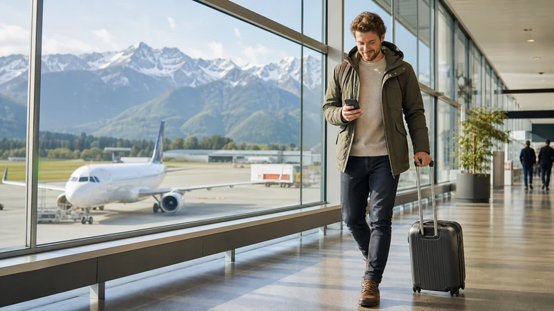 Traveller activating an Austria eSIM after landing at Salzburg Airport
