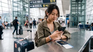 Traveler activating an eSIM after arriving at Shanghai Pudong Airport