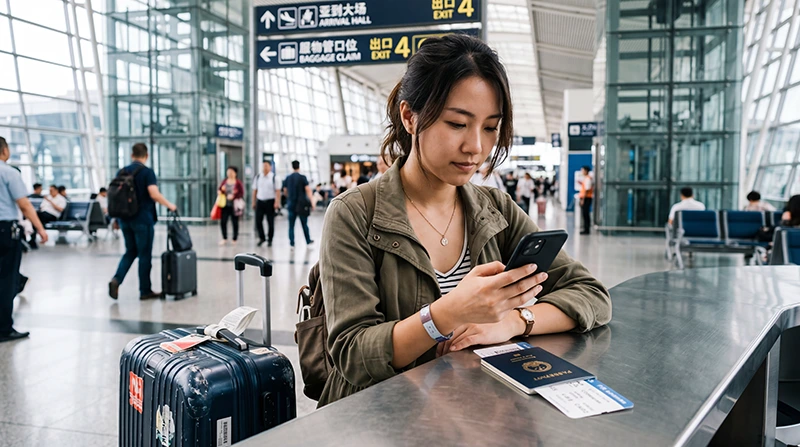 Traveler activating an eSIM after arriving at Shanghai Pudong Airport