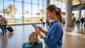 Tourist activating an eSIM at Sharm El Sheikh International Airport