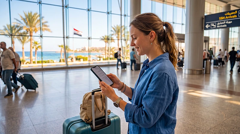 Tourist activating an eSIM at Sharm El Sheikh International Airport
