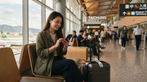 Traveller activating a Taiwan eSIM after arriving at Taichung International Airport