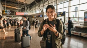 Traveller activating an eSIM after arriving at Taipei airport