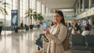 Traveller activating a Taiwan eSIM after arriving at Taoyuan International Airport