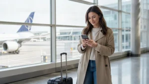Traveller using a preinstalled Poland eSIM after arriving at Warsaw Airport.