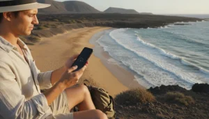 Tourist using smartphone with Fuerteventura SIM card and eSIM mobile data connection