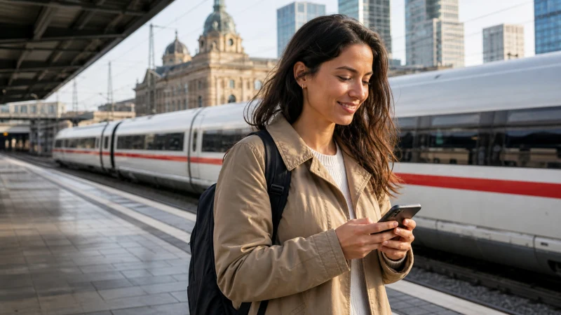 Traveler using an Android phone at a German train station