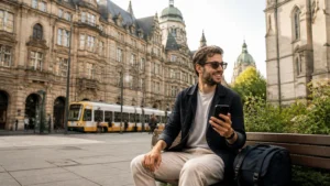 Traveller comparing a Germany eSIM with a portable pocket WiFi device