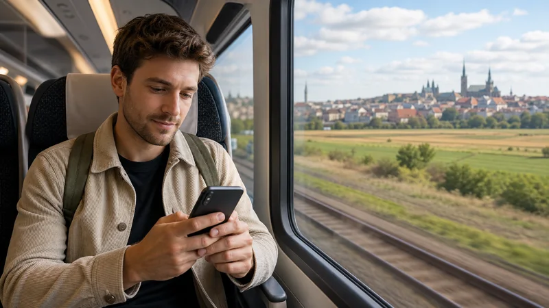 Traveller checking an eSIM during a rail trip through Germany, Poland and the Czech Republic.