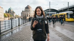 Traveller using mobile data while exploring Berlin with a Germany SIM card