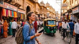 Traveler using Google Maps and an India eSIM for navigation in India