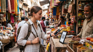 International tourist preparing to make a digital payment while travelling in India
