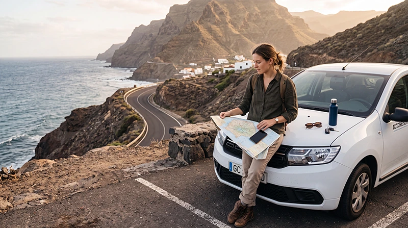 Traveller checking mobile roaming options during a road trip in Gran Canaria