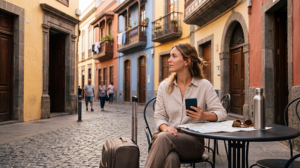 Traveller comparing SIM card and eSIM options for mobile data in Gran Canaria