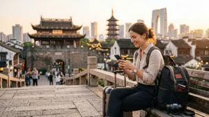 International traveler using mobile internet while visiting China