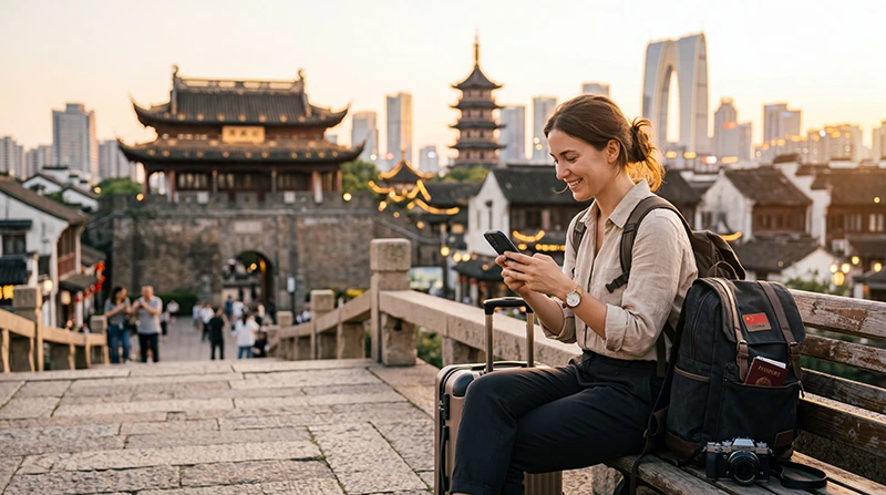 International traveler using mobile internet while visiting China
