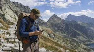 Hiker checking a smartphone on a marked trail with High Tatras peaks behind.