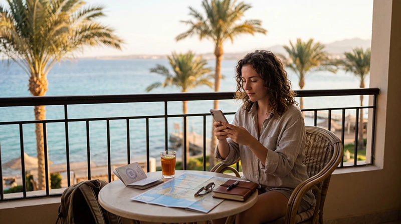 Tourist checking how much mobile data is needed for a trip to Egypt